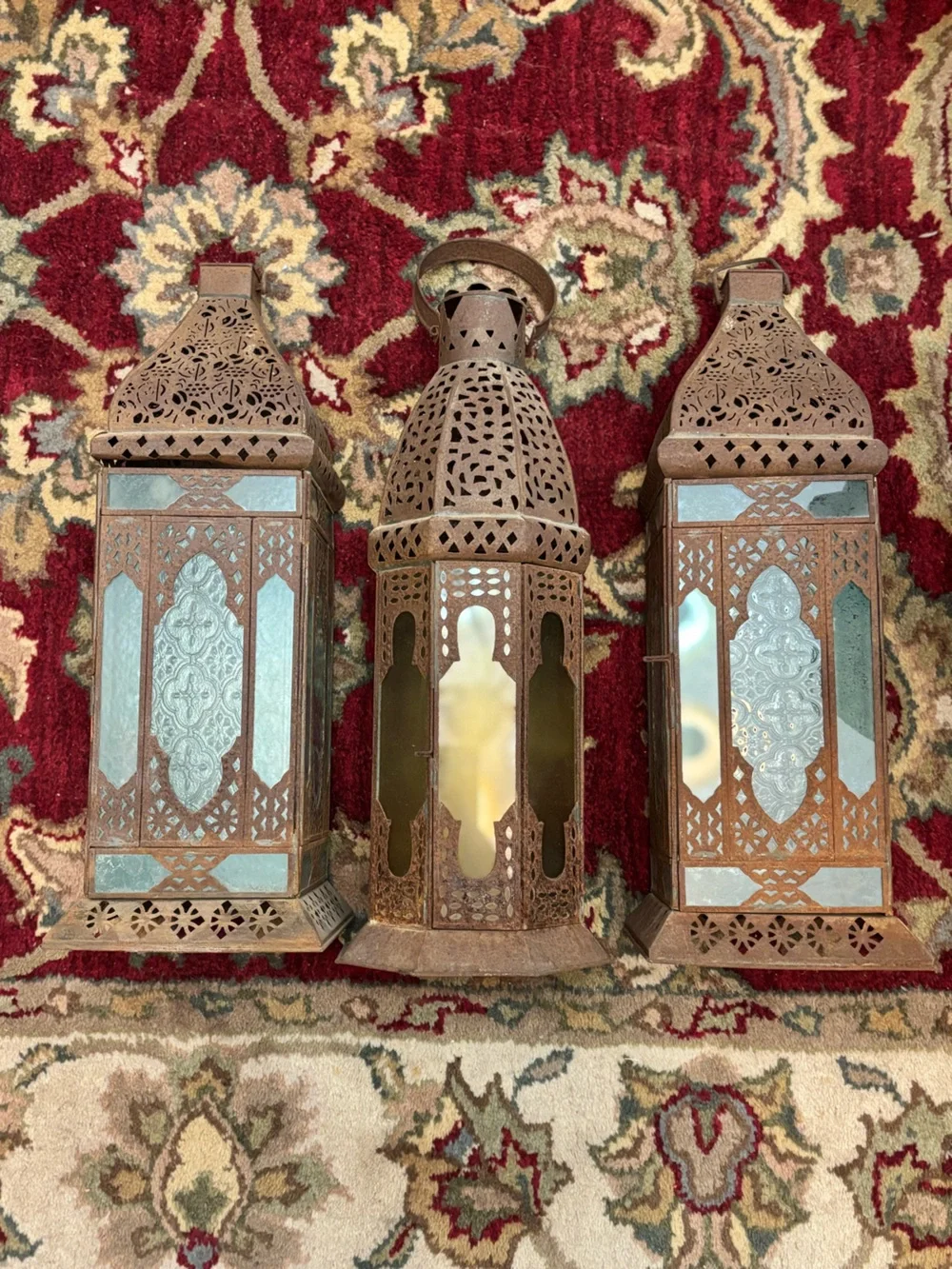 Set of 3 Moroccan-Style Punched Metal Lanterns W/ Glass Panels